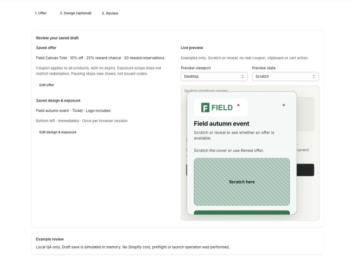 Profit Scratch의 Impeccable review 과정에서 사용한 실제 로컬 QA 화면