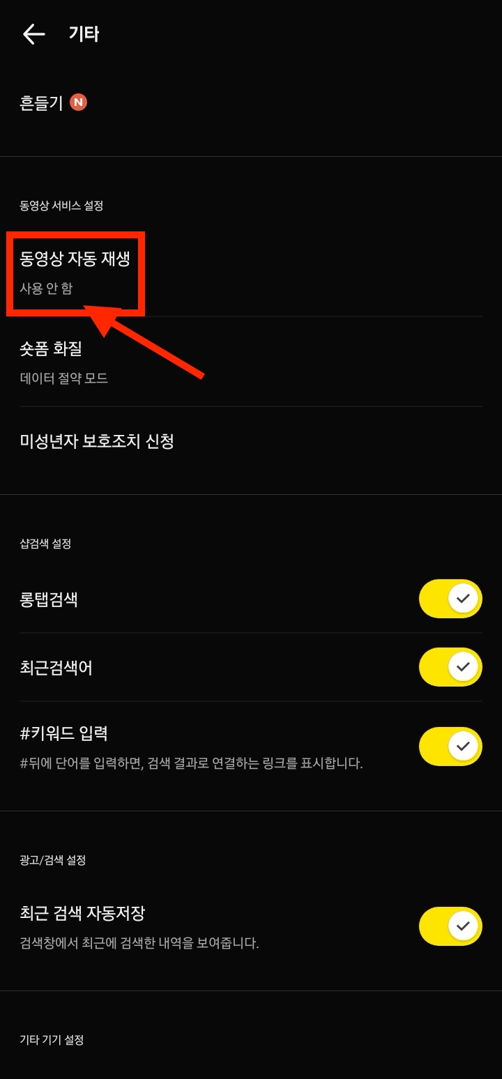 동영상 자동 재생 → 사용 안 함