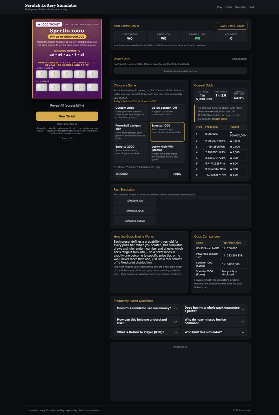 Scratch Lottery Simulator desktop screenshot showing a Speetto 1000 ticket, odds table, and fast simulation panel