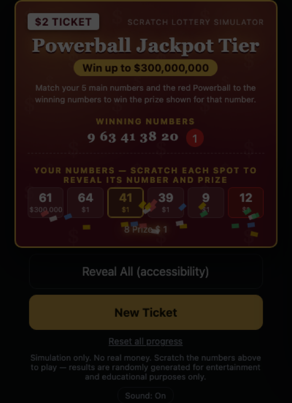 Powerball-style scratch ticket with 5 main numbers and a red bonus ball