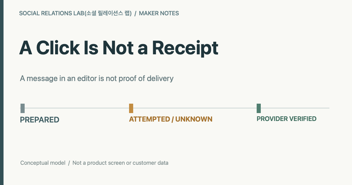 An original conceptual illustration separating prepared, attempted but unconfirmed and provider-verified delivery. No product screenshot or real customer information.