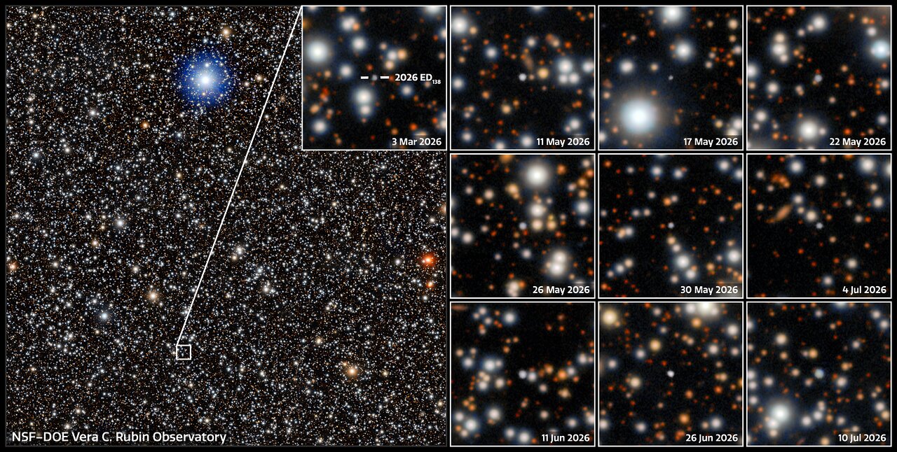 Rubin Observatory's original composite of 2026 ED138 detections among background stars, showing real telescope-image evidence rather than a rendered planet surface