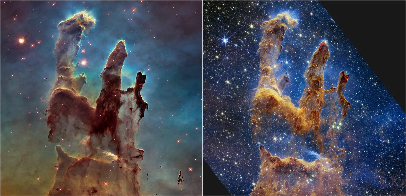 Two NASA telescope views of the Pillars of Creation: Hubble's visible-light composite on the left, showing opaque dusty pillars, and Webb's near-infrared composite on the right, revealing many more stars through thinner-looking dust.
